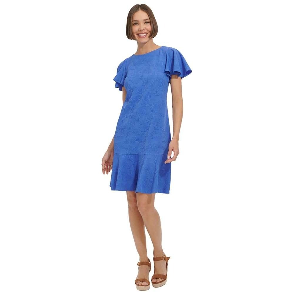 Tommy Hilfiger Blue Floral Embossed Jacquard Ruffle‎ Flutter Sleeve Dress Size 4